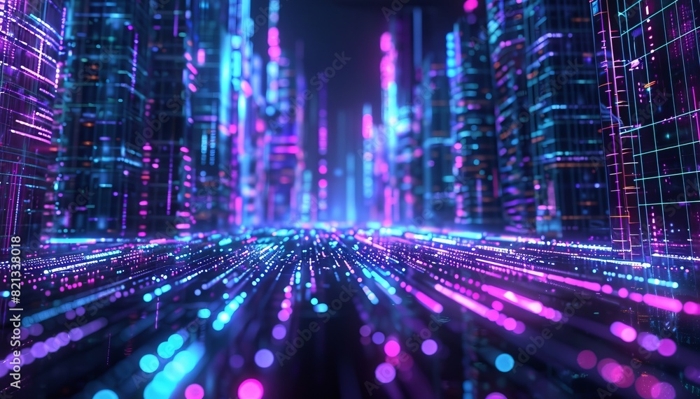 Aufkleber futuristic digital cityscape with neon lights and data streams, representing technology, innovation,