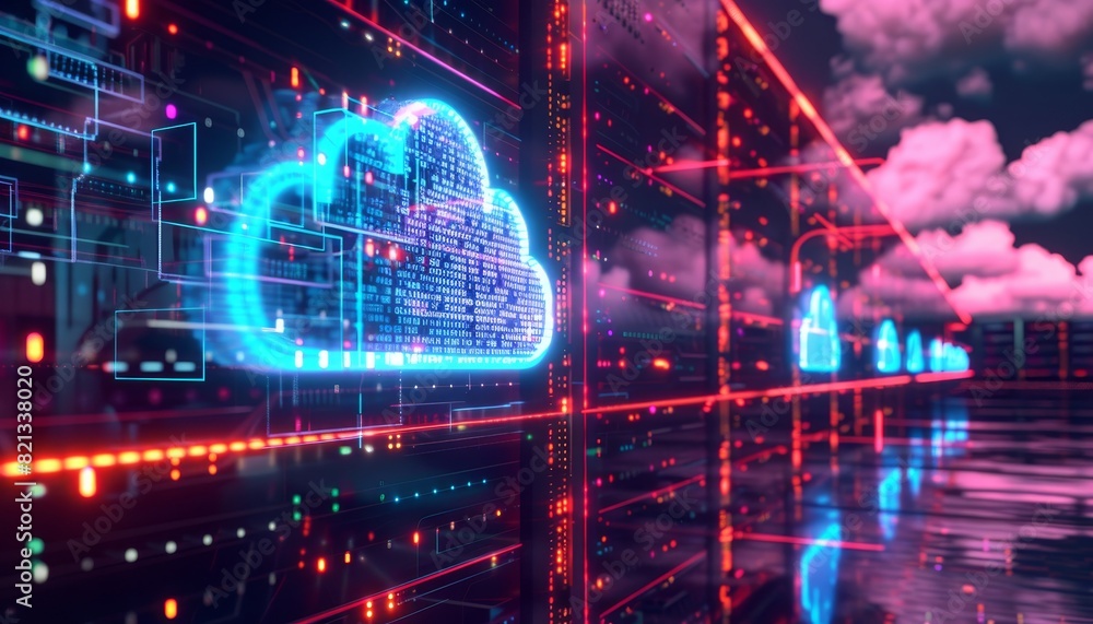 Leinwandbilder Futuristic digital cloud computing concept, glowing neon server storage in data center with holographic virtual reality interface.