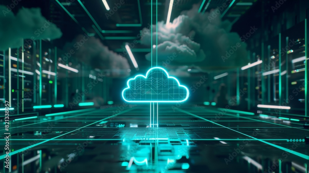 Aufkleber Futuristic digital cloud computing concept in a data center with neon lights, showcasing modern technology and network infrastructure.
