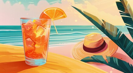 Glass of Lemonade and Straw Hat on Beach
