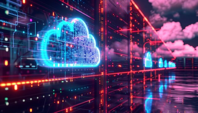 Futuristic digital cloud computing concept, glowing neon server storage in data center with holographic virtual reality interface.