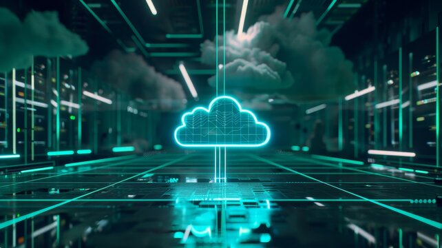 Futuristic digital cloud computing concept in a data center with neon lights, showcasing modern technology and network infrastructure.