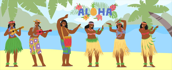 Group Of Hawaiian Dancers In Traditional Costumes And Joyful Expressions. Ukulele Players And Hula Performers © Anna Syvak