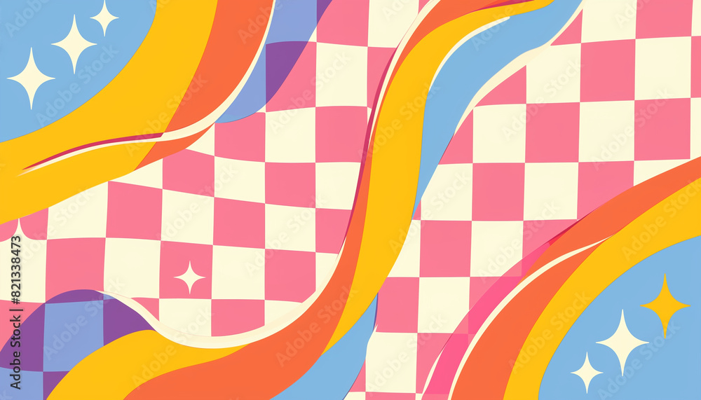 Poster abstract colorful checkered background with curved stripes and star elements
