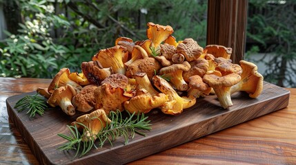   Mushrooms on cutting board with rosemary