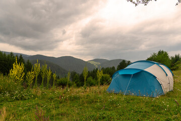 Tent in forest meadow.