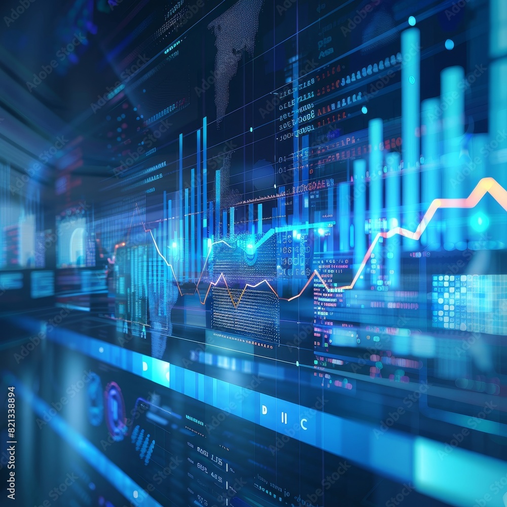 Poster Futuristic digital screen displaying data analytics, graphs, and charts in a vibrant blue, representing technology and financial statistics.
