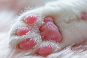 Close-up of a white cat's paw with pink pads on a soft surface