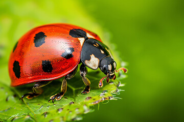 Ladybug on a green leaf in nature