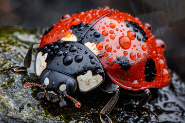 Close-up of a ladybug with water droplets on a rock