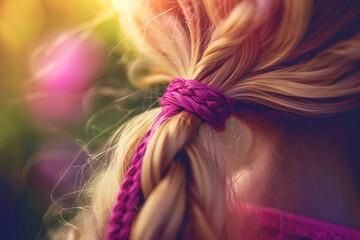Close-up of braided blonde hair with a pink hair tie in a sunny outdoor setting