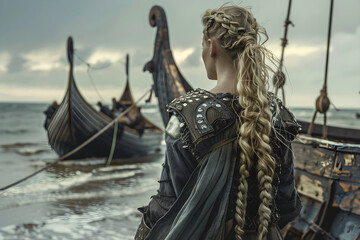Fototapeta premium Female Viking Warrior Disembarking from a Long Ship
