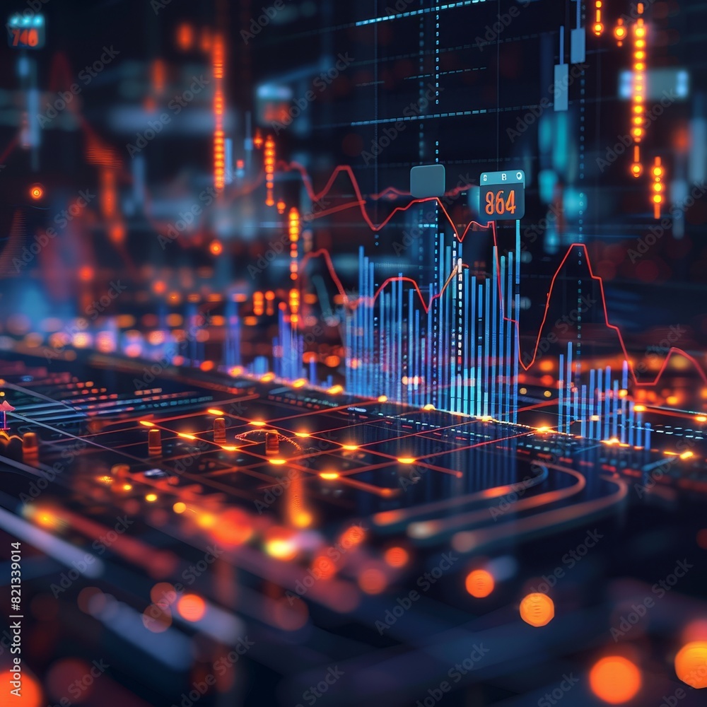 Poster futuristic financial data visualization with graphs, charts, and glowing lights, depicting advanced 