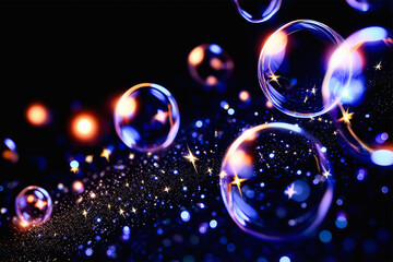 Soap bubbles. Sparkling rainbow bubbles on a dark background. Selective focus. AI generated