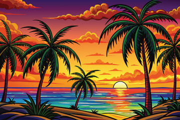 Obraz premium Dark palm trees silhouettes on colorful tropical ocean sunset background ai generated 