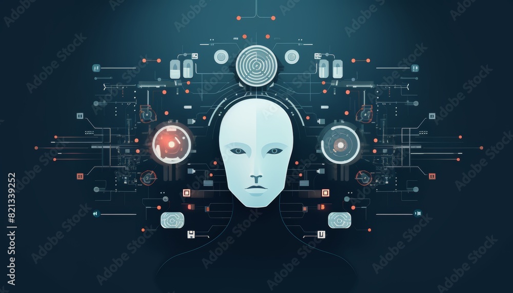 Poster futuristic illustration of artificial intelligence with circuits and a robotic face, representing ai