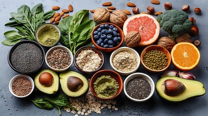   Fruits, veggies, and grains arranged in small bowls on a gray surface with leaves, nuts, avocado, spinach, oranges, spinach,