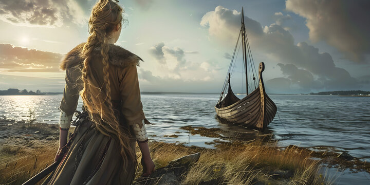 Female Viking Warrior Disembarking from a Long Ship