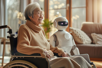 Elderly woman sitting in a wheelchair and robot caregiver at home,generative ai