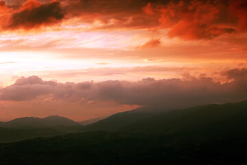summer foggy scenery, scenic sunset view in the mountains, Carpathian mountains, Ukraine, Europe	