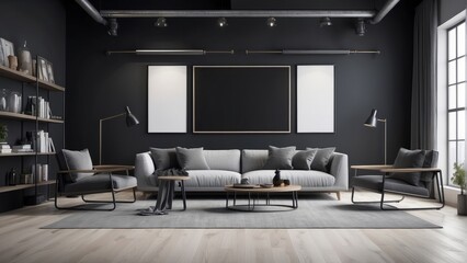 modern living room design with Industrial Chairs, and blank poster on black wall background