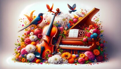 The painting depicts a violin, a bird perched on the neck of the violin, and vibrant flowers surrounding them. The violin is the central focus, with intricate details of its strings and body. The bird