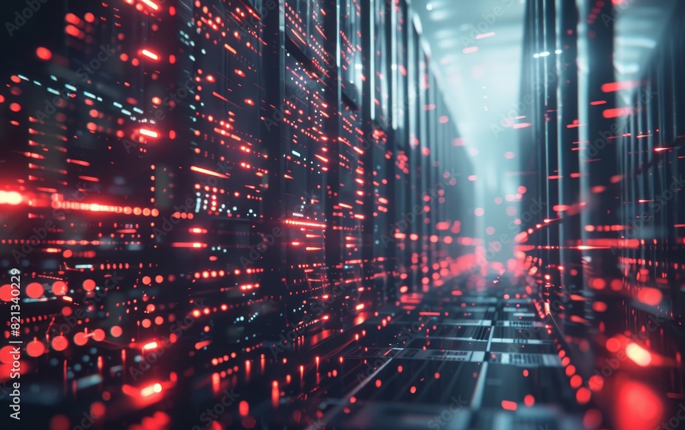 Leinwandbilder futuristic server room with glowing red lights representing data transfer and advanced technology in
