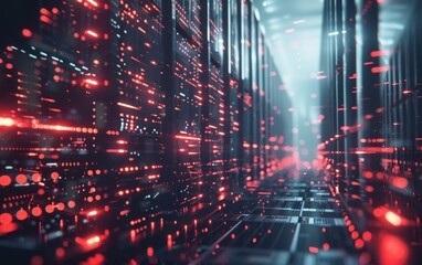 Obraz premium Futuristic server room with glowing red lights representing data transfer and advanced technology in a modern data center.