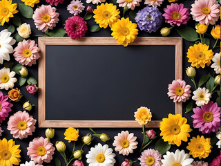 Fototapeta premium 黒板とお花－フレームのメッセージ、メニューボード－A frame of flowers surrounded by a chalkboard with original space