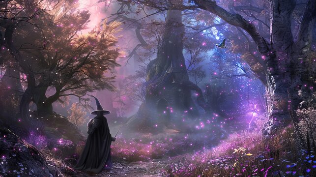 A young wizard, with a magical book and a wand, studies the ways of wizardry in a magical forest that is full of wonder and magic.