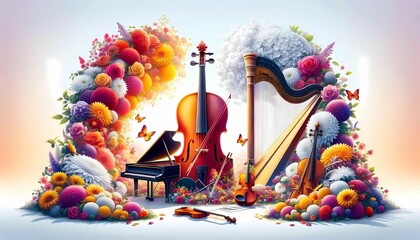 A detailed painting showcasing a violin and a piano surrounded by vibrant flowers. The intricate details of the musical instruments and the blooming flowers are skillfully captured in this stunning