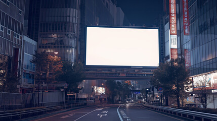 A blank empty canvas poster screen board hanging on a building at a the city center.