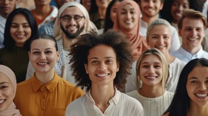 A large group of diverse people are smiling and looking at the camera, symbolizing unity in diversity.