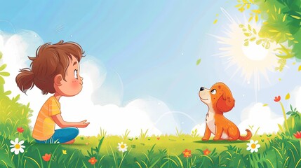 llustration of a young girl and a puppy sitting in a bright, sunny meadow, ideal for themes of childhood