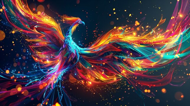 A vibrant 3D image of a mythical creature, Phoenix, with fire-like features and vibrant colors.