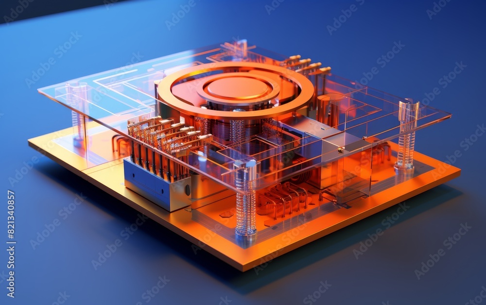 Aufkleber Futuristic transparent computer hardware component with intricate circuitry and glowing orange core on a blue background.