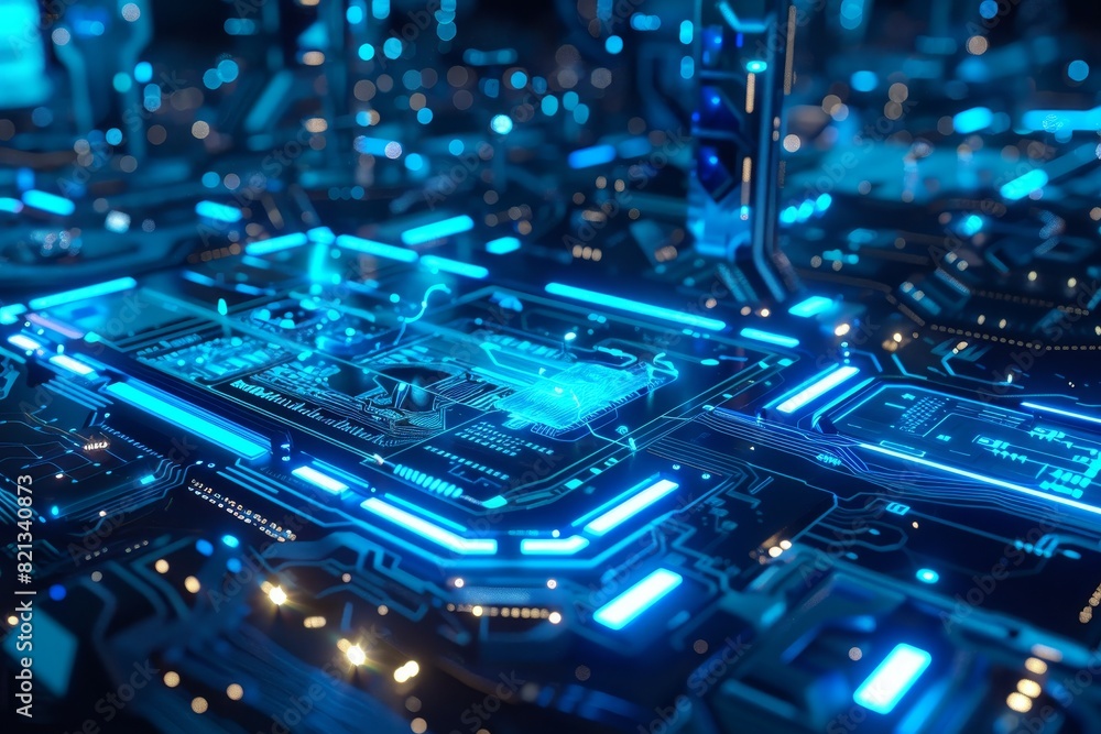 Poster futuristic technology circuit board with glowing blue lights, representing advanced digital devices 