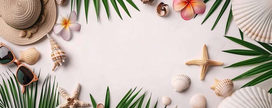 Photorealistic frame on light background, tropical flowers, plants, shells and sunglasses around empty space, concept of rest and travel, relaxation, banner summer vacation stuff around empty space fo