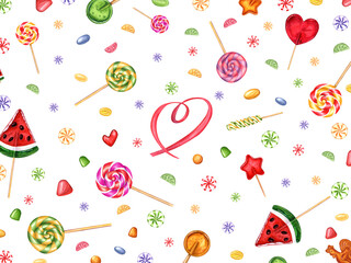 Lollipops on sticks. Candy bar. Cute greeting. Spiral lollipops, sugar watermelon caramel. Bonbons with striped swirls. Hard candy. Watercolor illustration isolated on white. For birthday cards