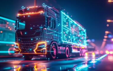 Futuristic truck with neon lights on a city street, showcasing advanced technology and vibrant urban atmosphere at night.