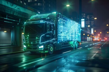 Futuristic truck with neon lights driving through a city at night, showcasing advanced technology and modern urban environment.
