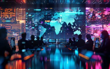 Global tech team collaborating in futuristic control room with digital world map display, monitoring data and discussing strategies.