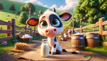 A cartoon cow with big round eyes sits happily next to a bottle of milk in a farmyard setting.