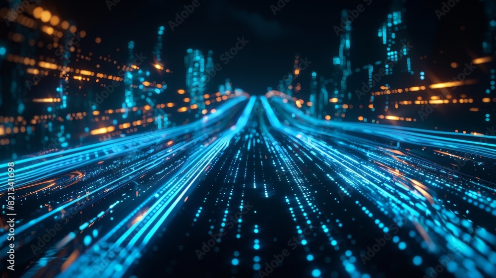 Poster High-speed digital data transfer represented by futuristic glowing lines and dots, illustrating the concept of technology and connectivity.