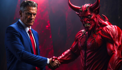 A businessman seals a deal with the devil with a handshake