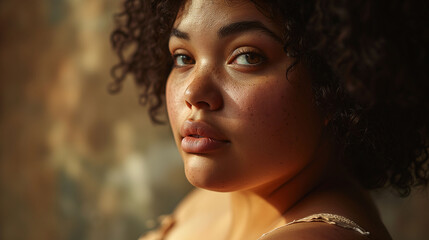 Fototapeta premium A beautiful plus-size ethnic woman smiling happily and confidently with space for text. Concept of natural beauty, well-being, and body positivity for banner, website, or advertisement.