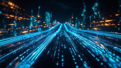 High-speed digital data transfer represented by futuristic glowing lines and dots, illustrating the concept of technology and connectivity.