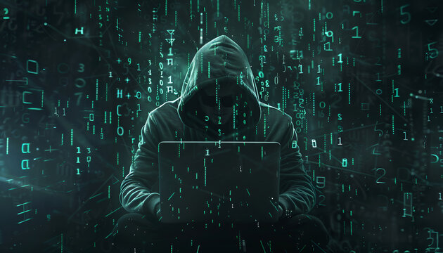 Anonymous hacker working with laptop on black background. Different digital codes around him
