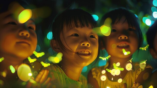 Children giggle with delight as they catch glimpses of glowing fireflies resembling tiny antimatter particles in the Antiparticle Petting Zoo.