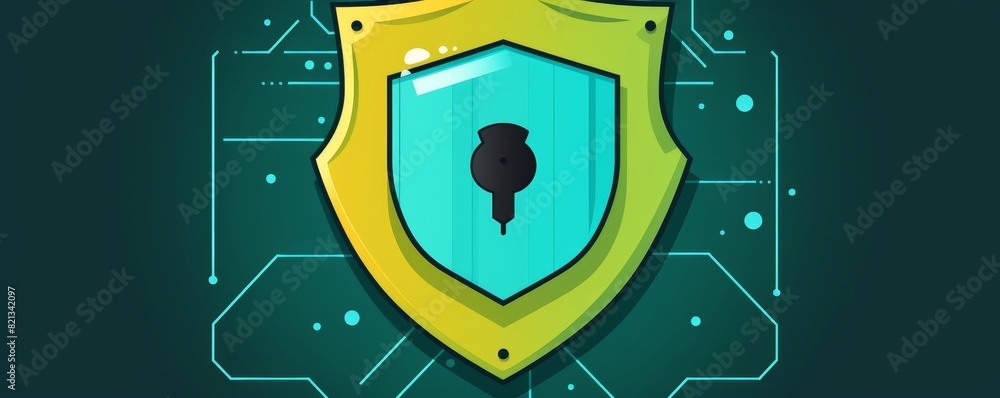 Poster illustration of a shield with a lock symbol in the center, representing cybersecurity and data prote